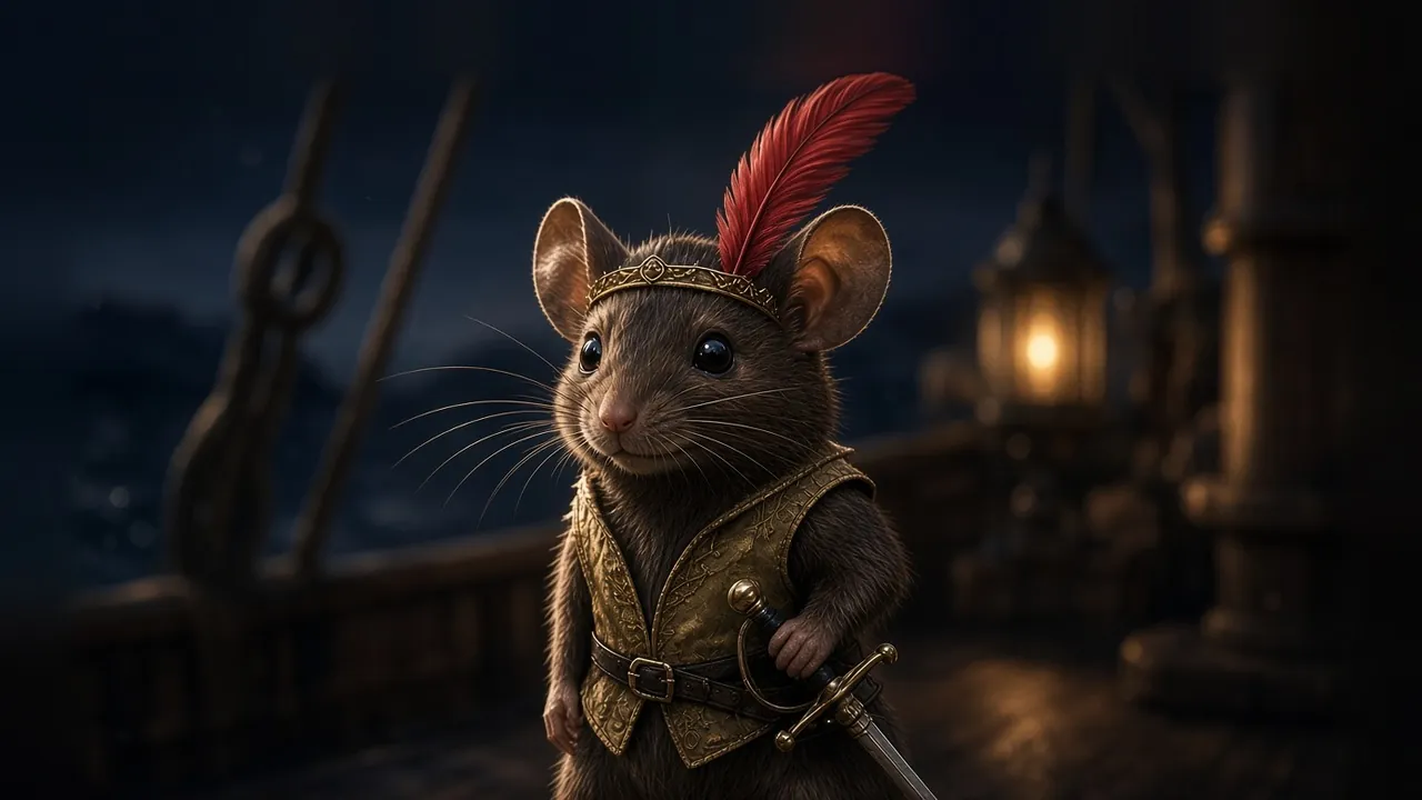 Portrait de Ripitchip, souris à la fourrure brune, bandeau d'or et longue plume rouge, sur le pont d'un navire