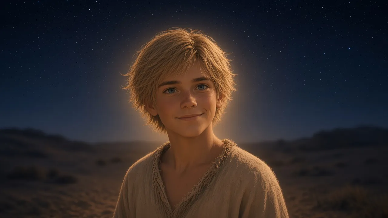 Portrait de Shasta, garçon aux cheveux blonds en bataille et à la tunique simple, sourire