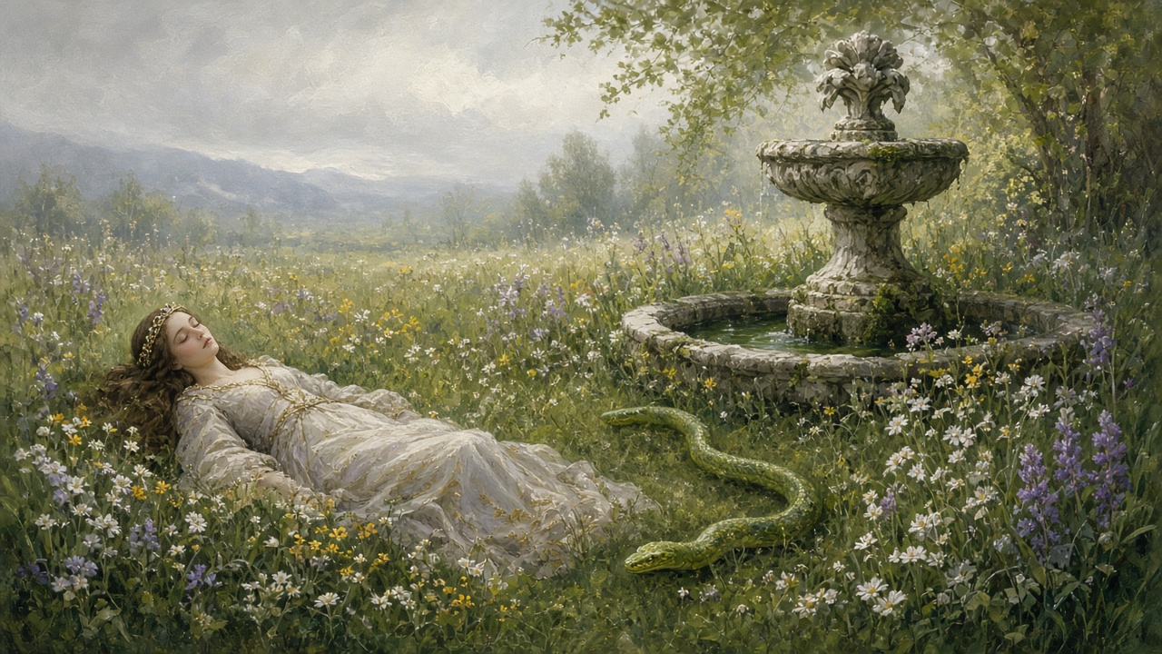 La reine endormie près d'une fontaine, un serpent vert dans l'herbe