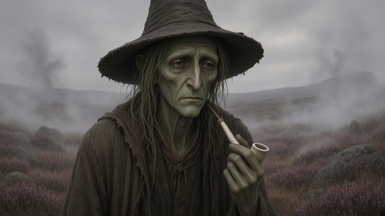 Visage long et grave du touille-marais sous son chapeau pointu