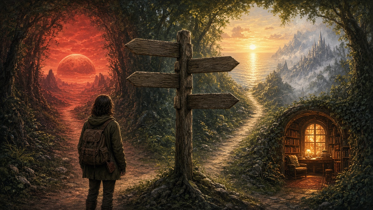 Un panneau indicateur en bois à un carrefour forestier, chaque chemin mène vers un paysage différent