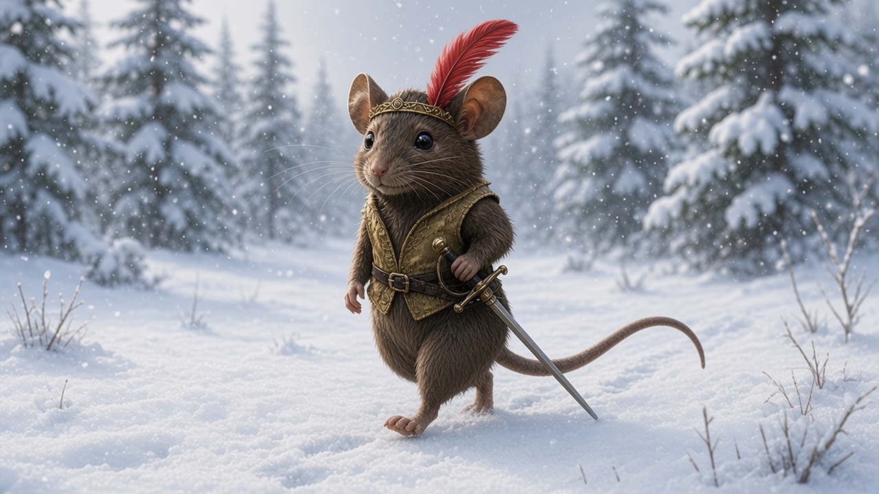 La souris dans la neige, plume rouge vive