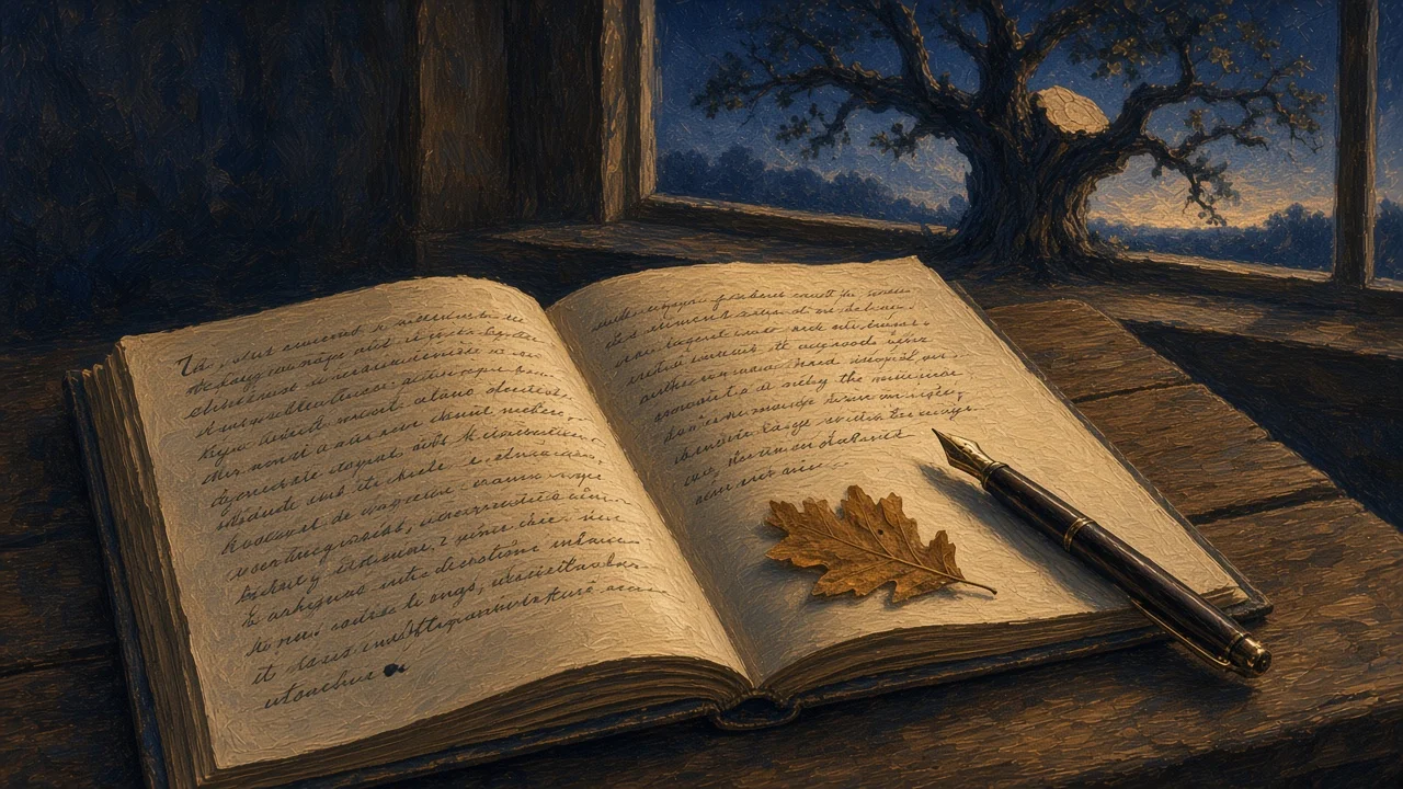 Un cahier d'écolier ouvert sur une table en bois, l'écriture à l'encre s'arrête au milieu d'une ligne ; une feuille de chêne séchée sur la page et, par la fenêtre, un vieux chêne auquel il manque une branche