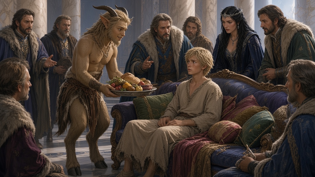 Shasta dans un palais, entouré de Narniens