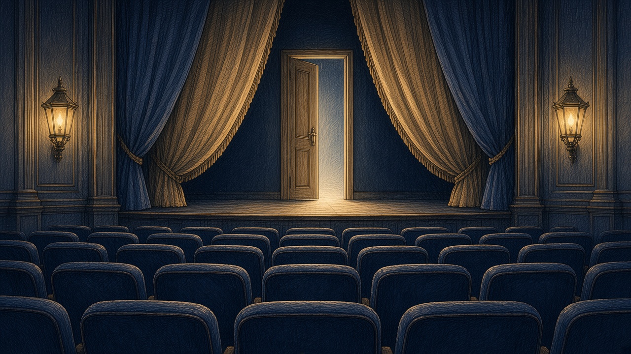 Une salle de cinéma ancienne et vide, aux fauteuils bleu nuit, dont le rideau doré s'ouvre sur une porte de bois éclairée d'une lumière de neige, entre deux lanternes allumées