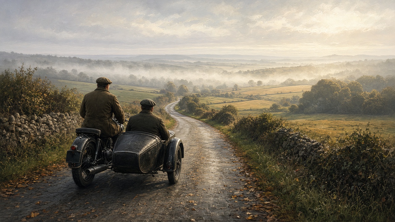 Une moto à side-car sur une route de campagne anglaise, un matin de septembre 1931