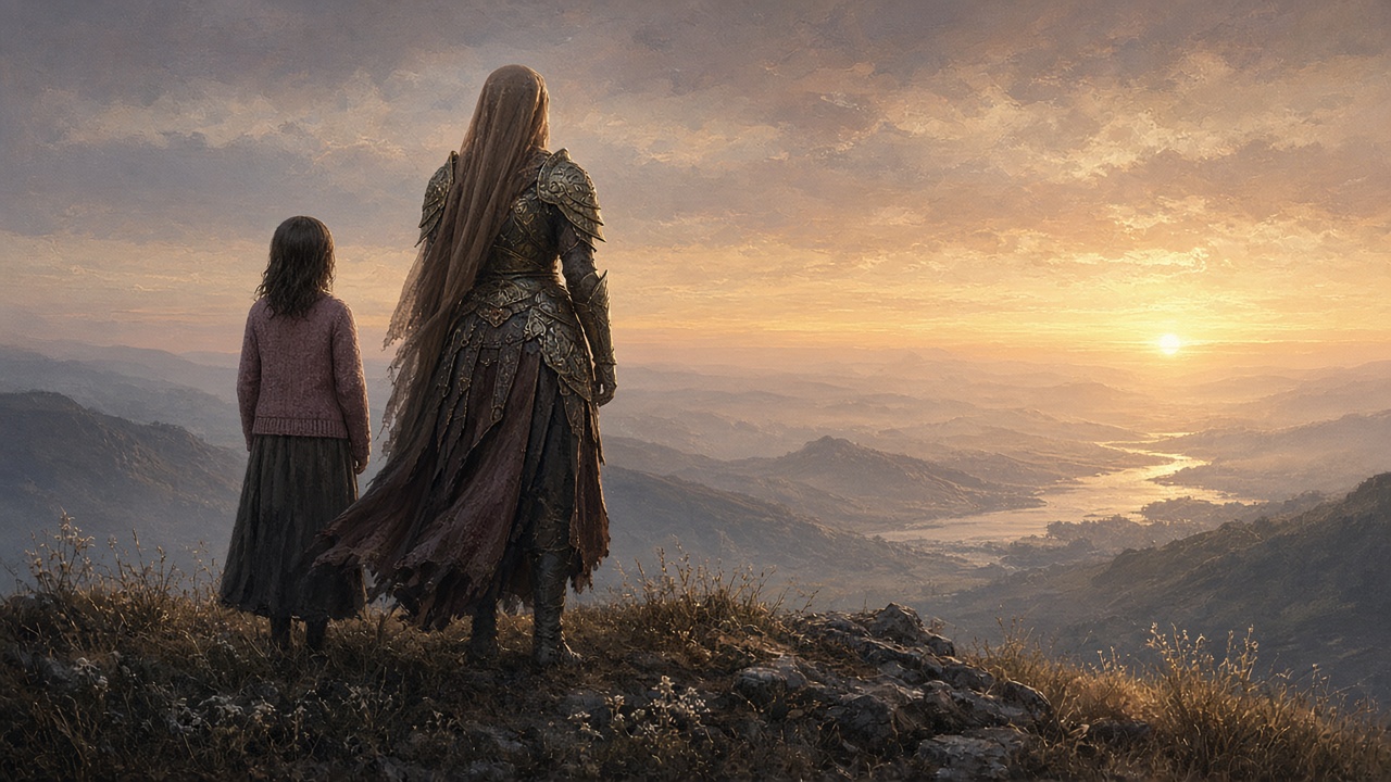 Une petite fille et une reine guerrière, de dos, regardent le même horizon