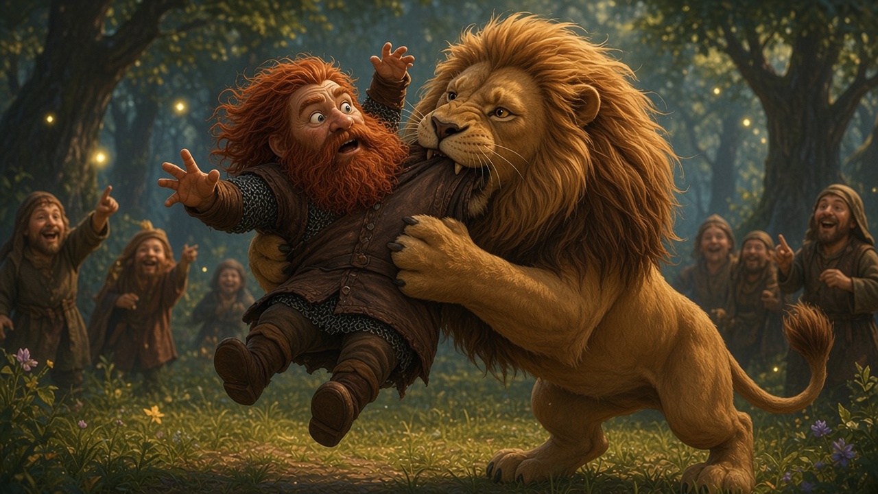 Aslan soulève Trompillon comme un chaton