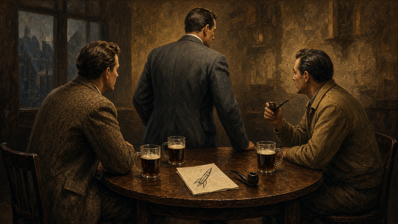 Trois hommes discutent autour d'une table de pub, des chopes et un dessin de fusée