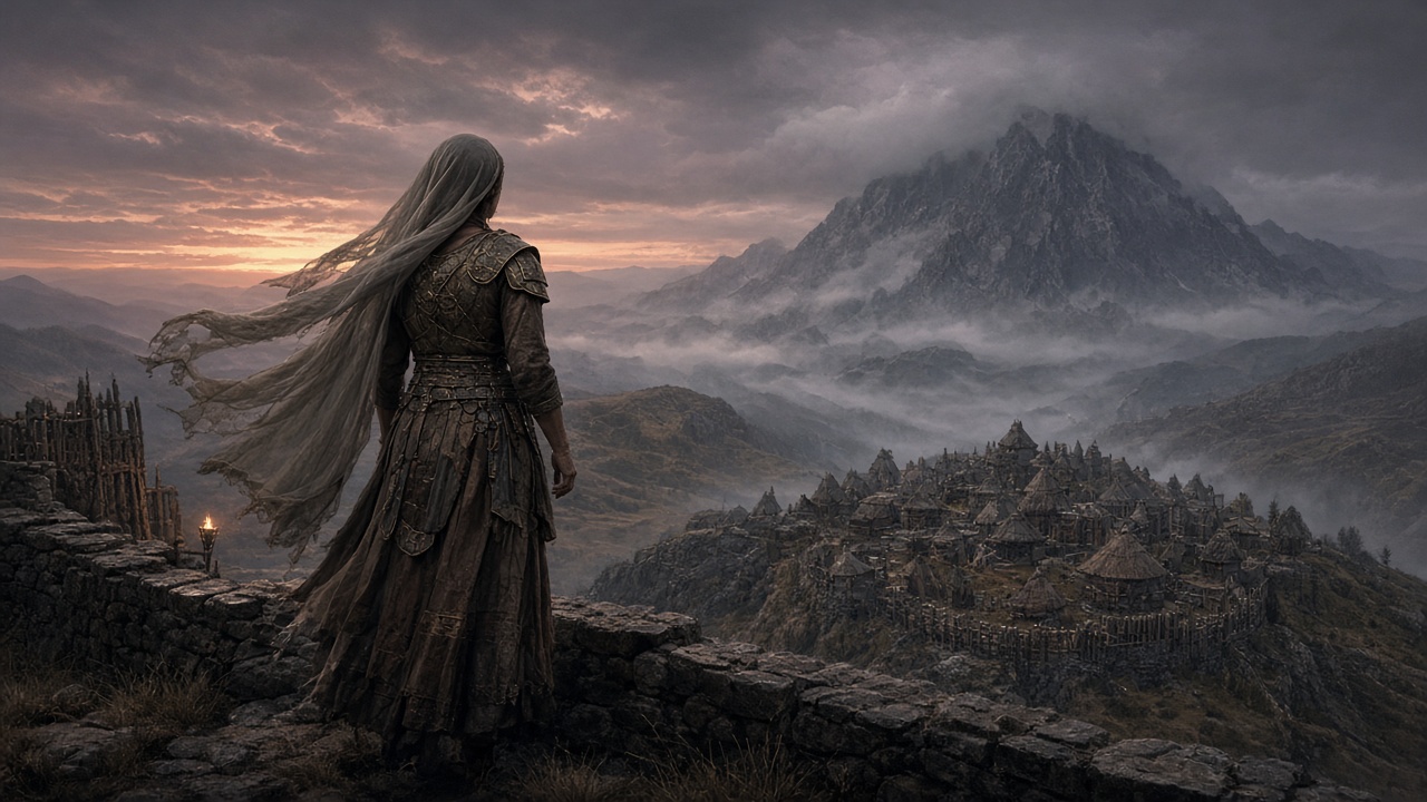 Une reine voilée, de dos, devant une citadelle barbare au crépuscule